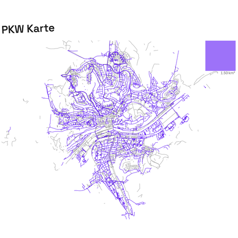 PKW-Infrastruktur, in blau restliche (Fußgänger und Fahrrad) Straßen in grau.